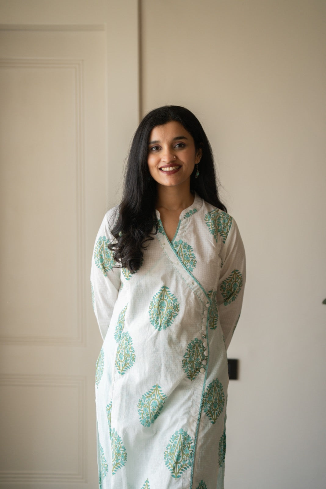 Ruh Angrakha White Boota Set- Green