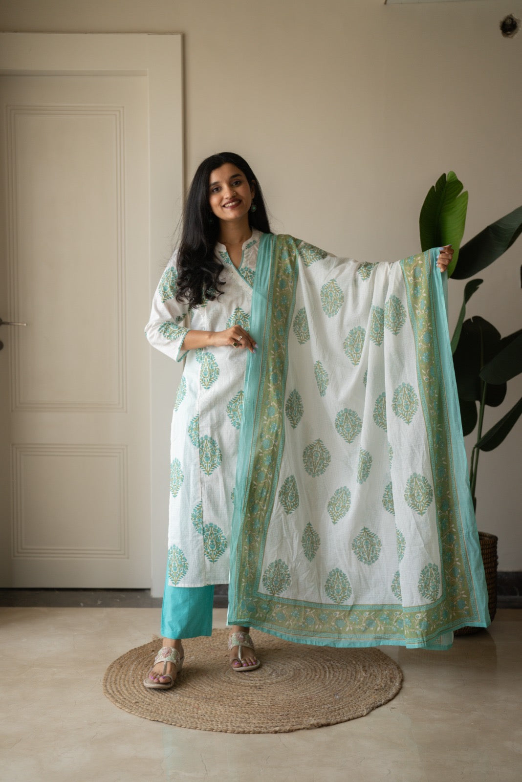 Ruh Angrakha White Boota Set- Green