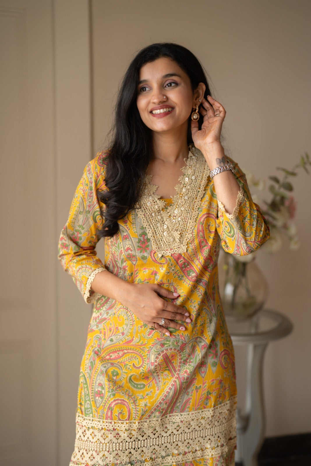Nitara Farshi Lace Coord Set- Mustard