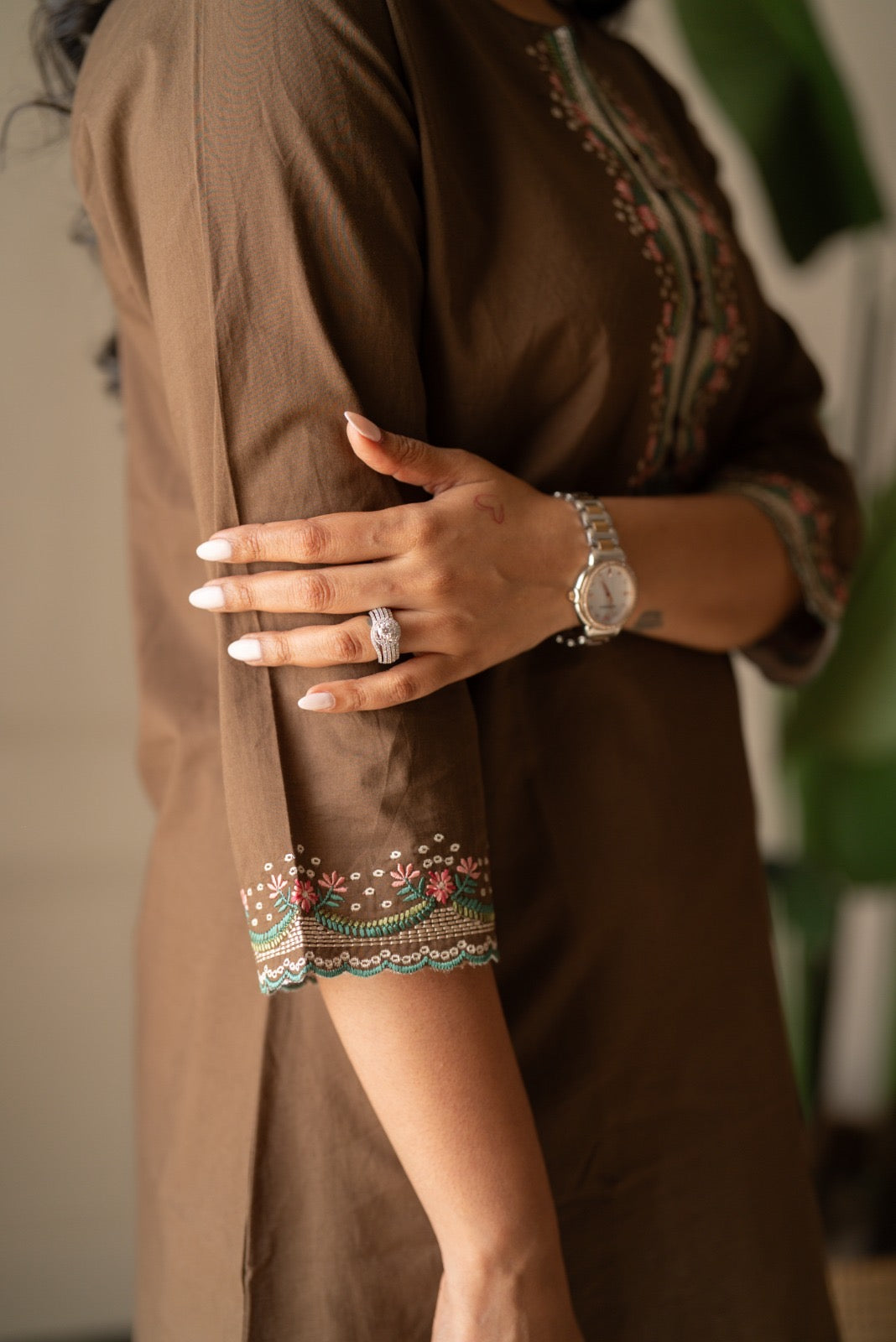 Roma Embroidered Cotton Top- Brown