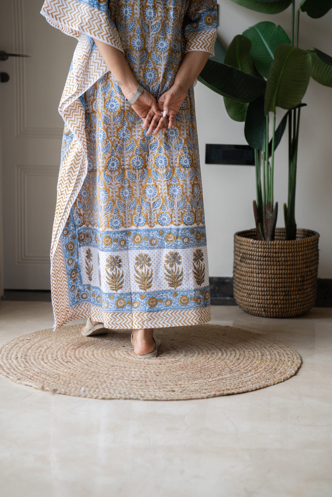 Kashi Block Print Kaftan- Brown Blue Booti