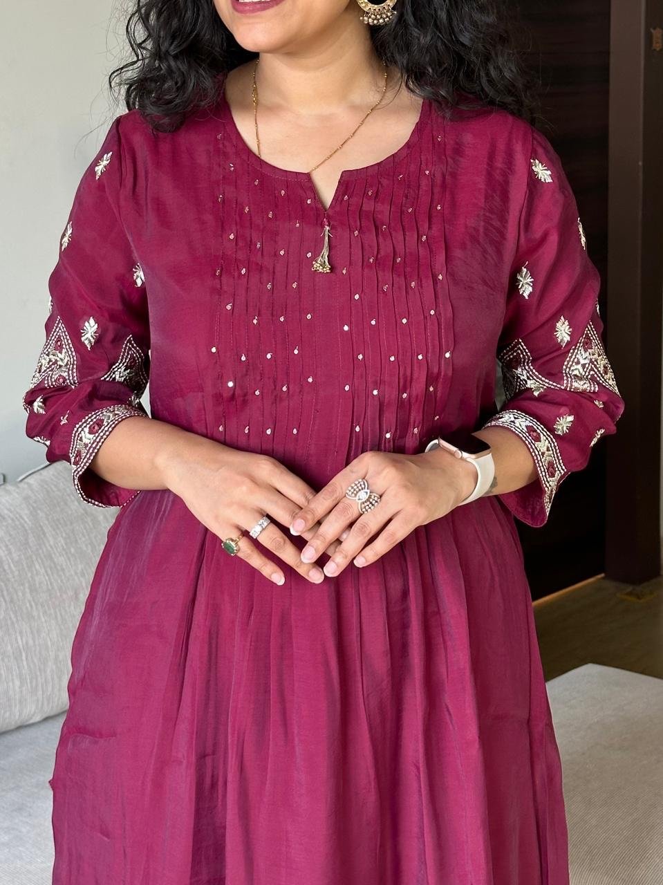 Sajda Mul Chanderi Luxe Set- Wine