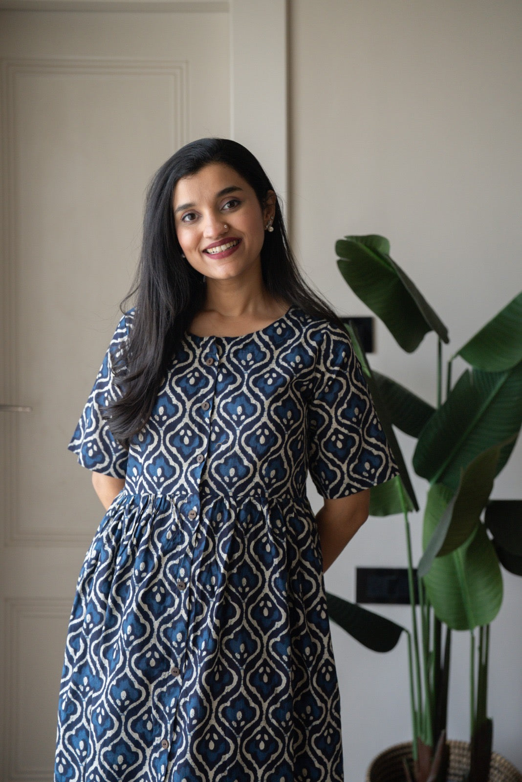 Drishy Maternity Cotton Dress- Indigo