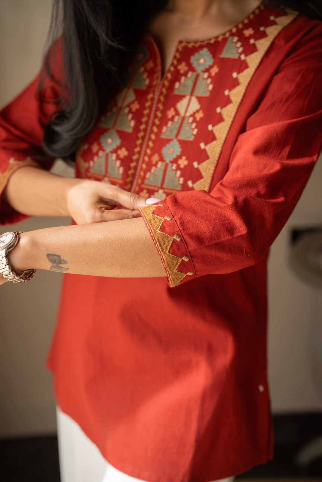 Lizi Embroidered Short Kurti- Rust