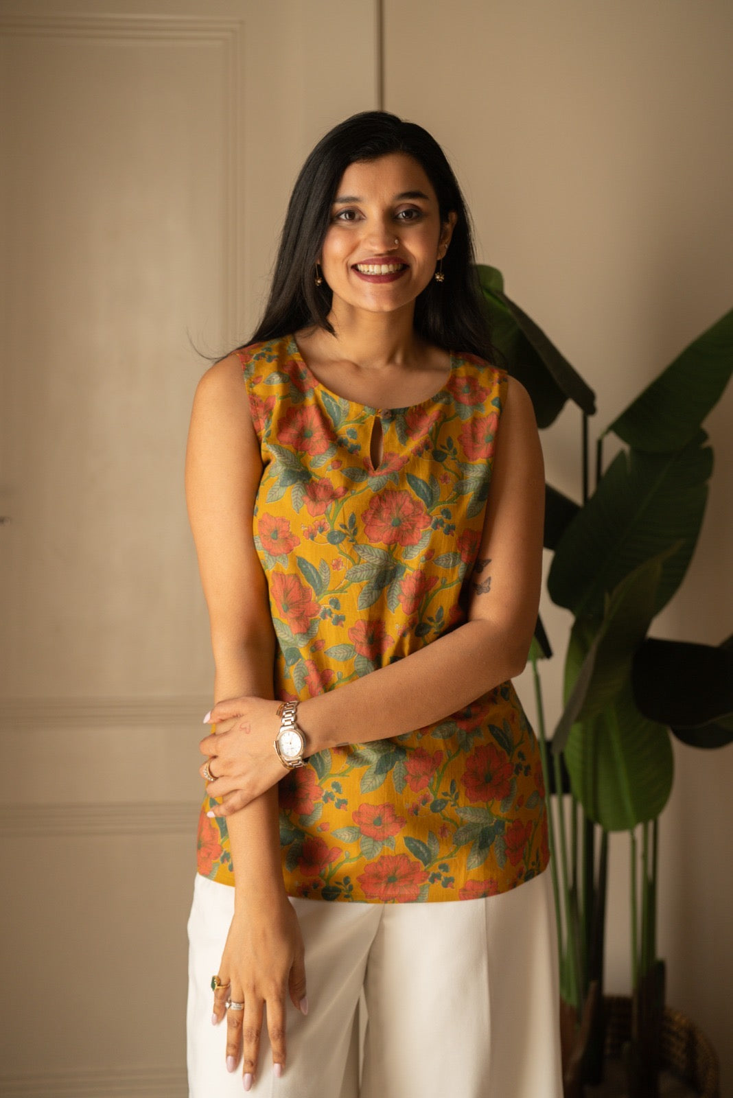 Lily 2.0 Sleeveless Cotton Top- Mustard Florals