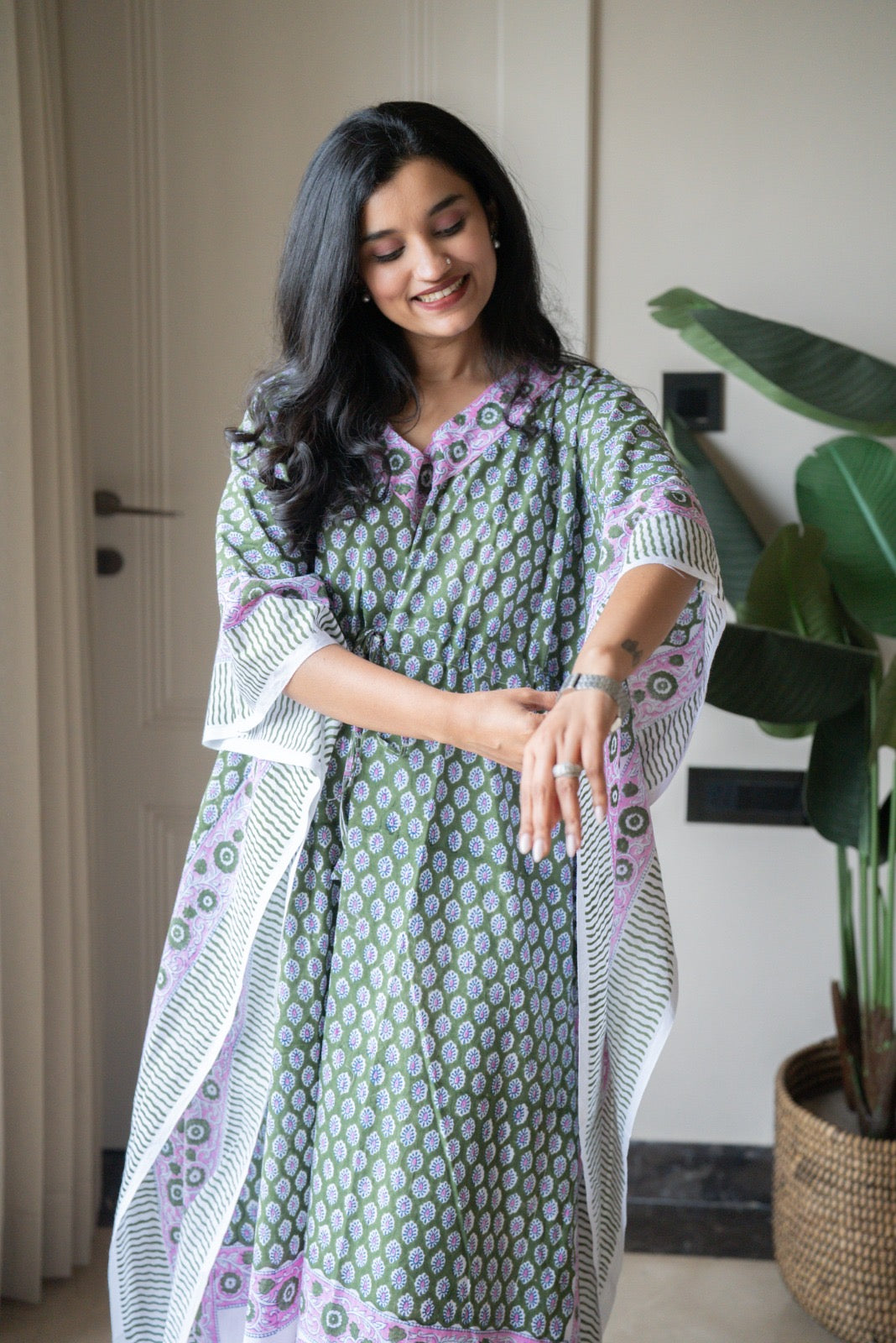 Kashi Block Print Kaftan- Dark Green Booti