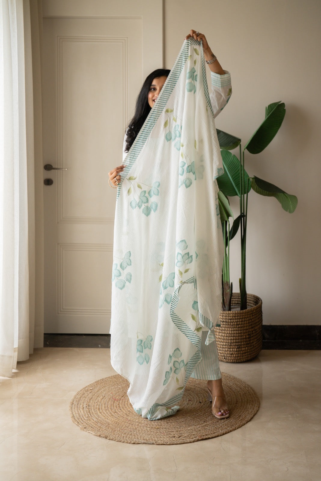 Gusha Cotton Suit- White & Blue