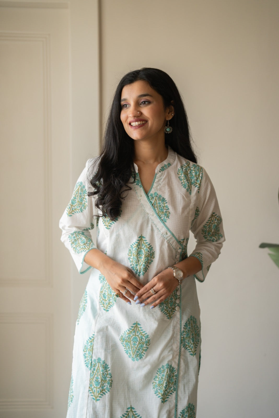 Ruh Angrakha White Boota Set- Green