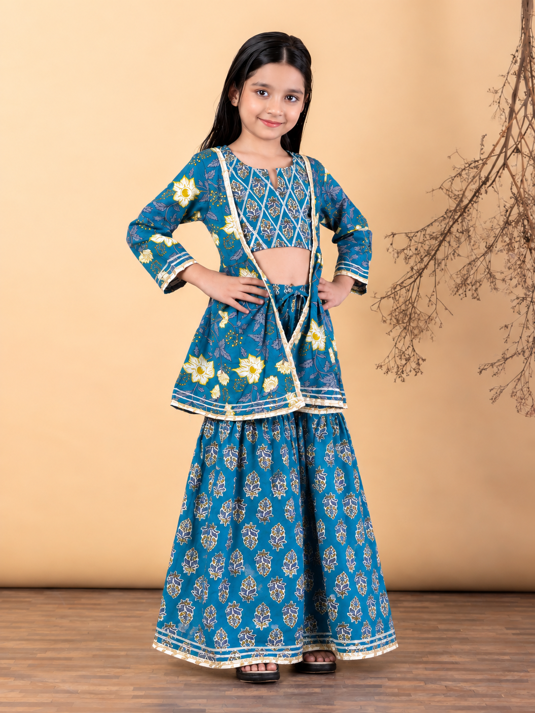 Ruhaani Girls’ Gharara Set- Light Blue boota