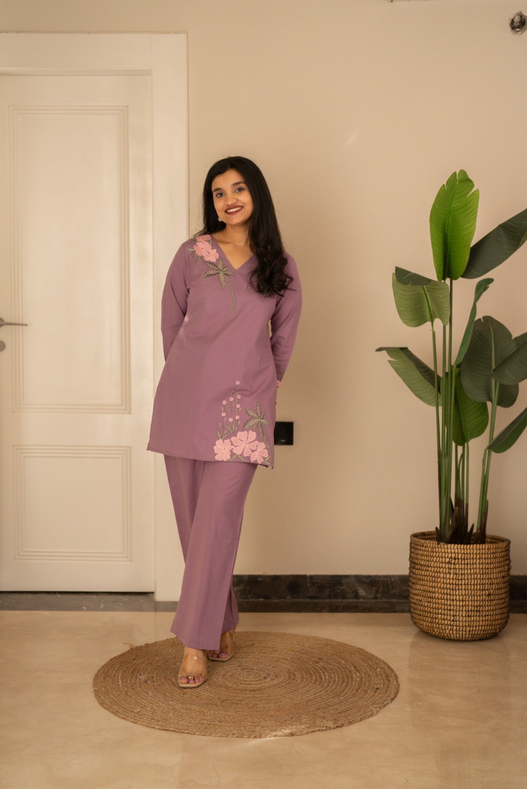 Ginni Embroidered Cotton Coord Set- Purple