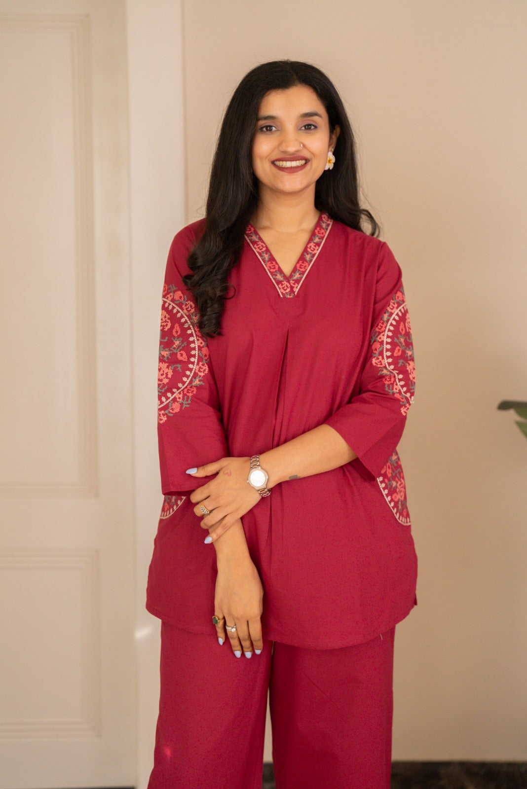 Risha Embroidered Coord Set- Dark Pink