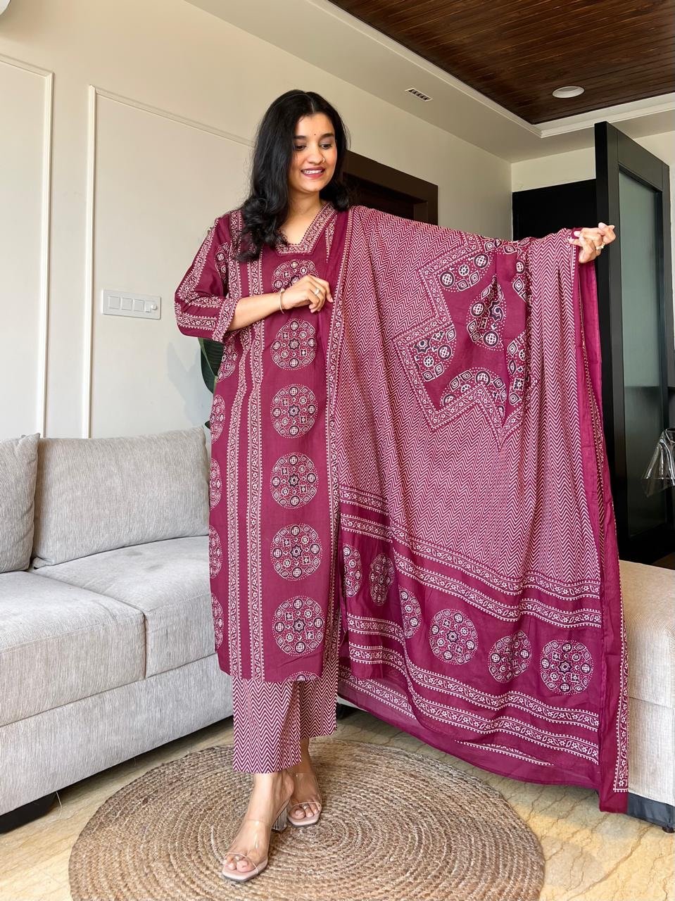 Naina Ajrakh Cotton Suit- Wine