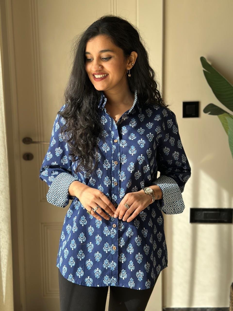 Raima Cotton Shirt- Indigo Booti