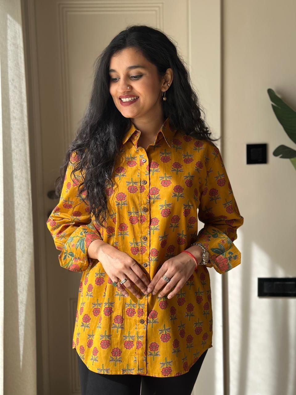 Raima Cotton Shirt- Mustard Booti