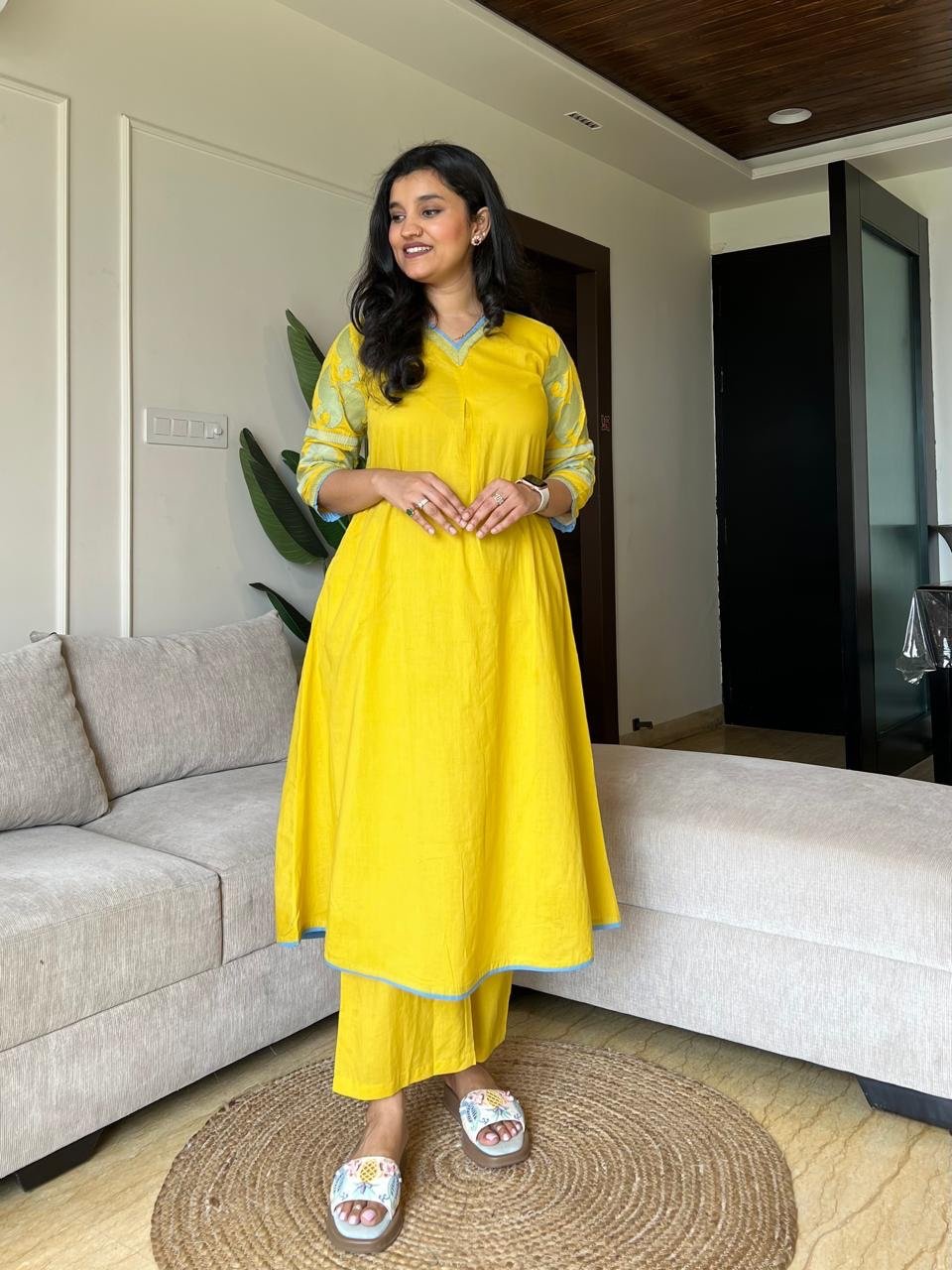 Krisha Embroidered Cotton Set- Yellow