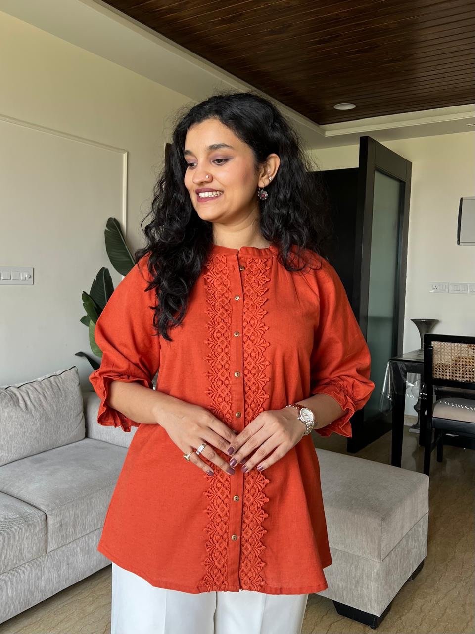 Tisha Cotton Statement Top- Orange