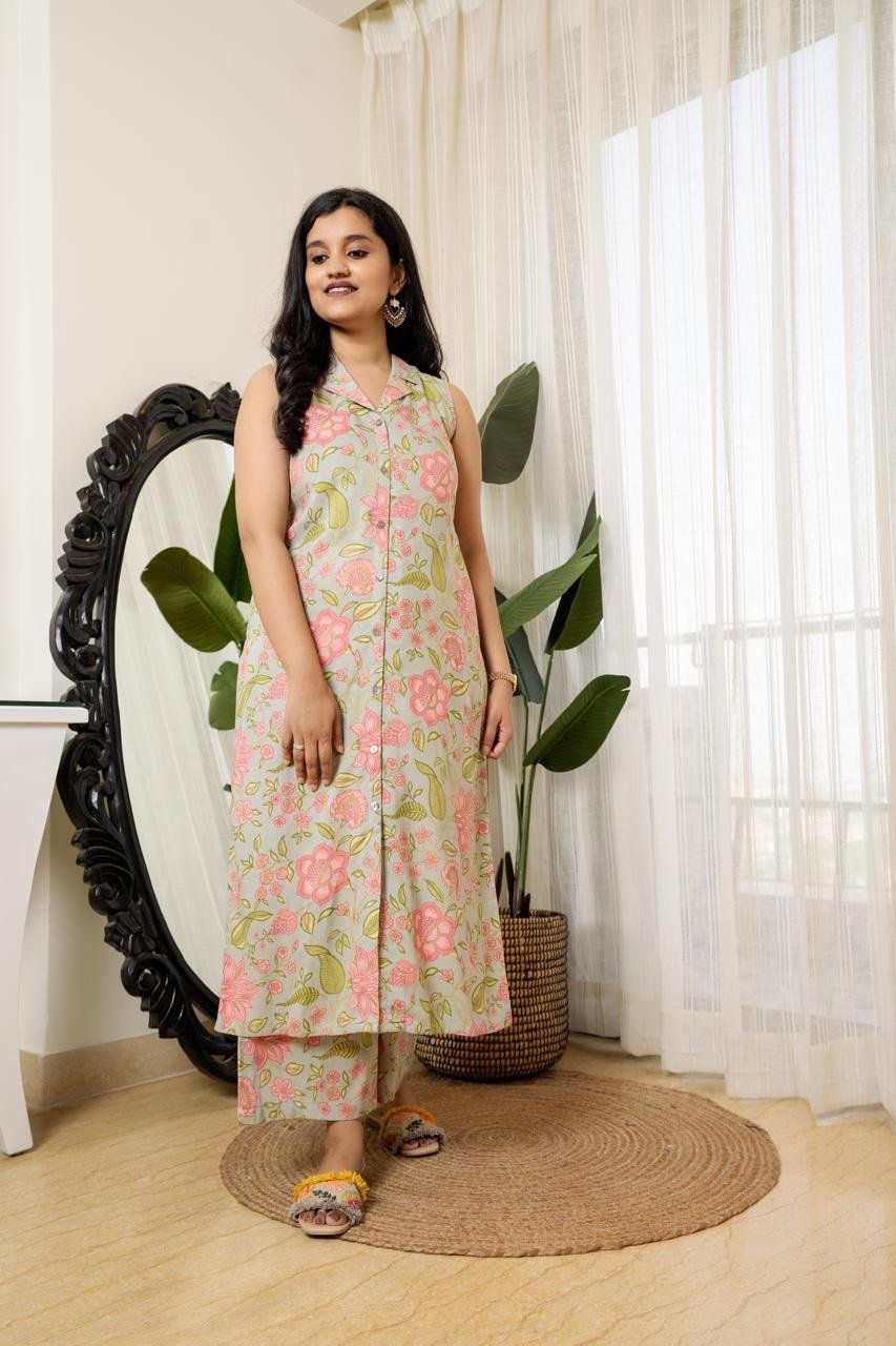 Sleeveless Coord Set- Pastel Green Florals