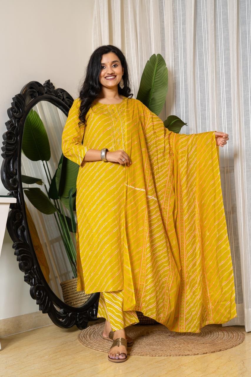 Budget Leheriya Cotton Suit- Yellow Ochre
