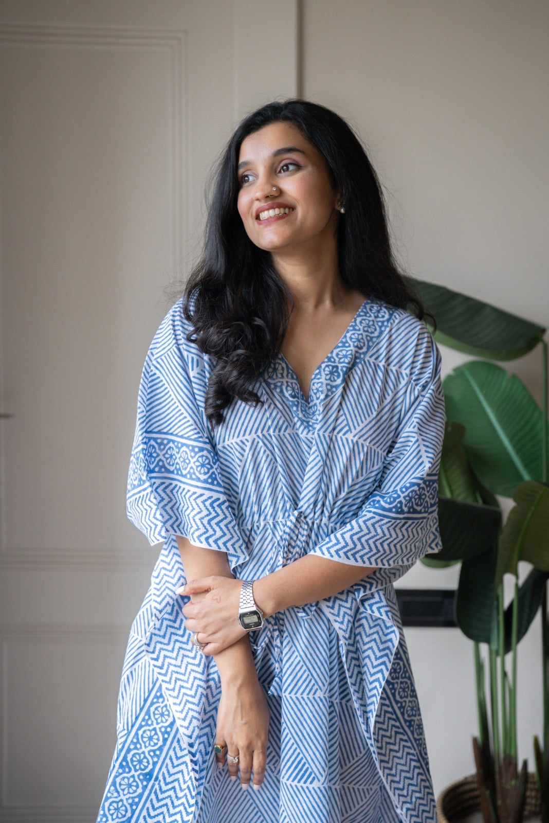 Kashi Block Print Kaftan- Indigo Stripes