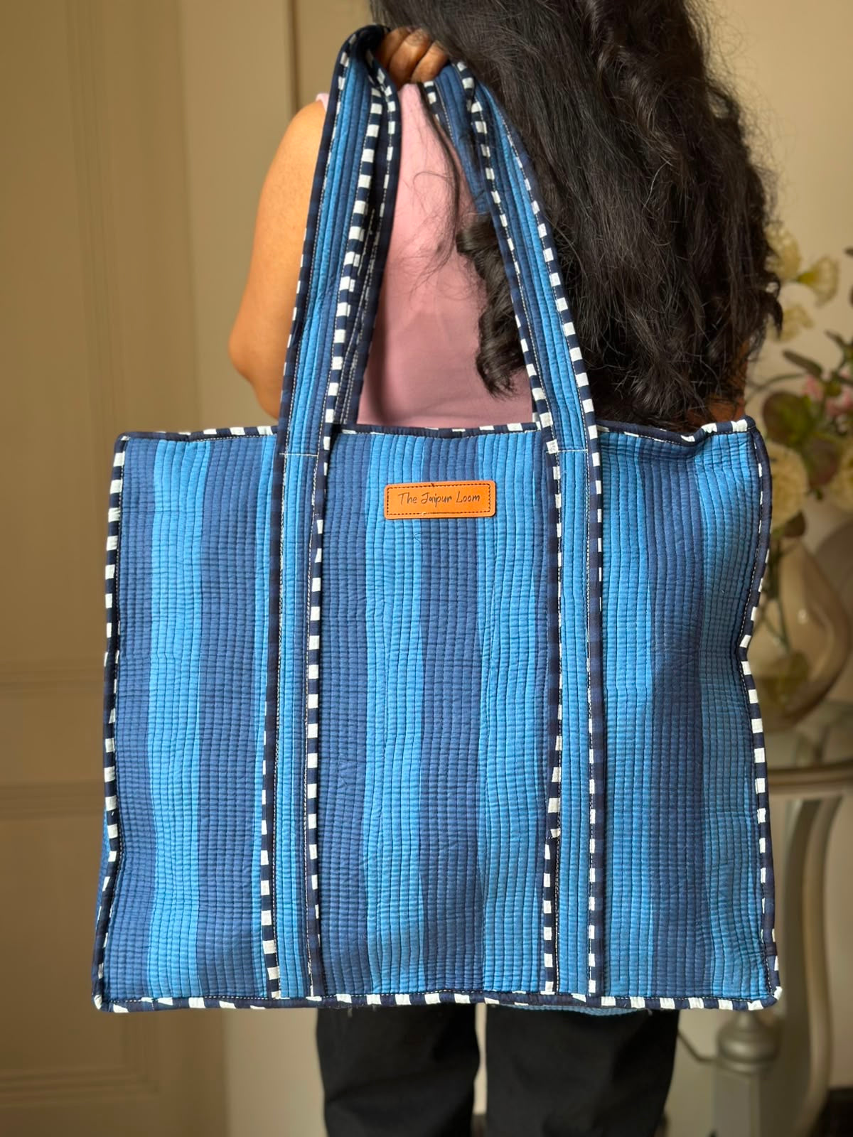 Quilted Tote Bag- Blue Stripes