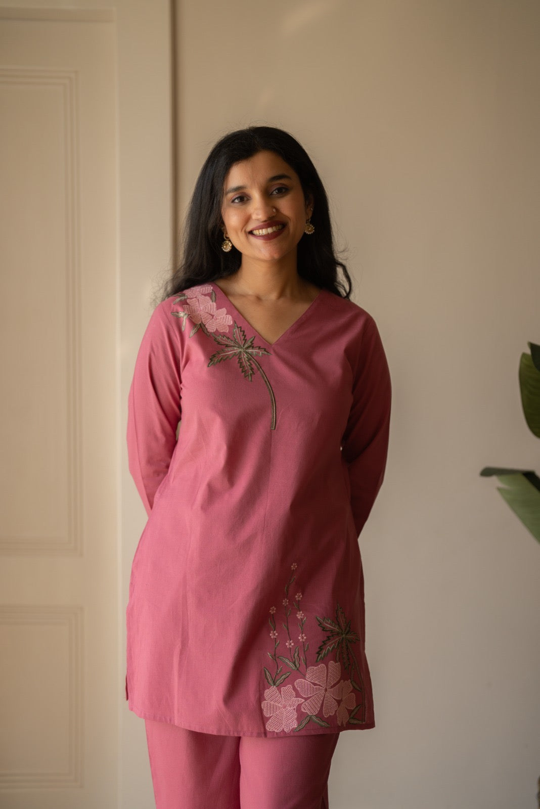 Ginni Embroidered Cotton Coord Set- Pink