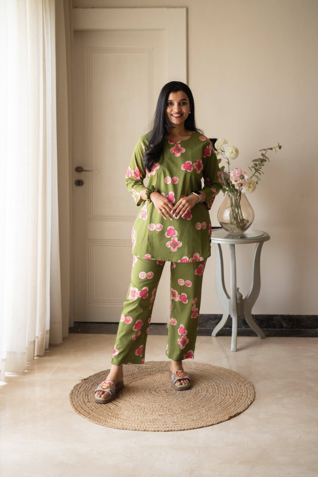 Rika Cotton Lounge Set- Green Florals