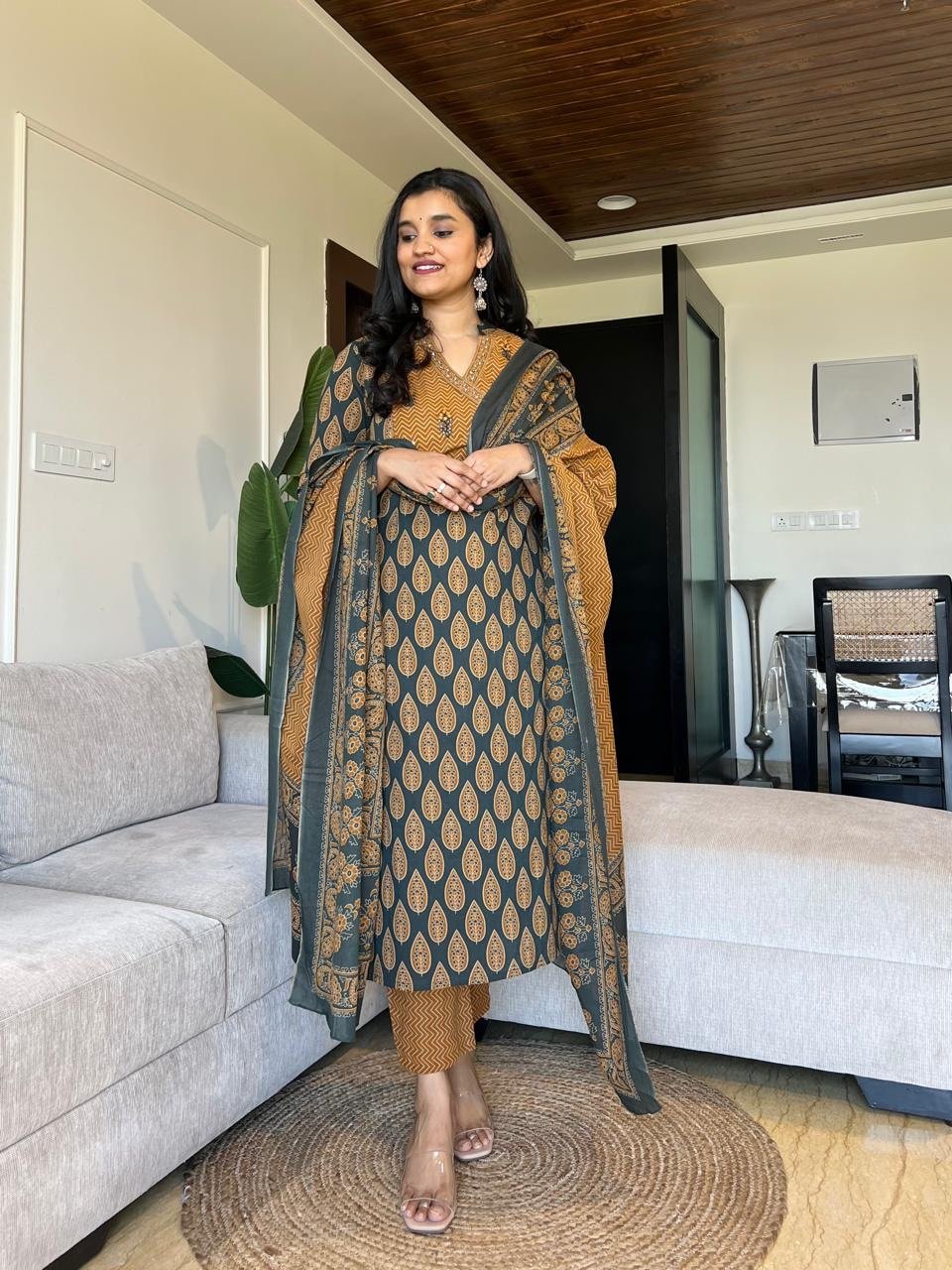 Nisha Ajrakh Angrakha Cotton Set- Mustard Green