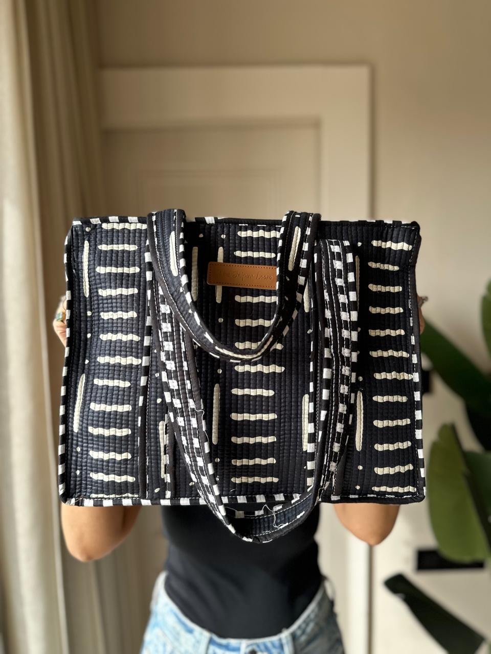 Quilted Tote Bag- Black Lines