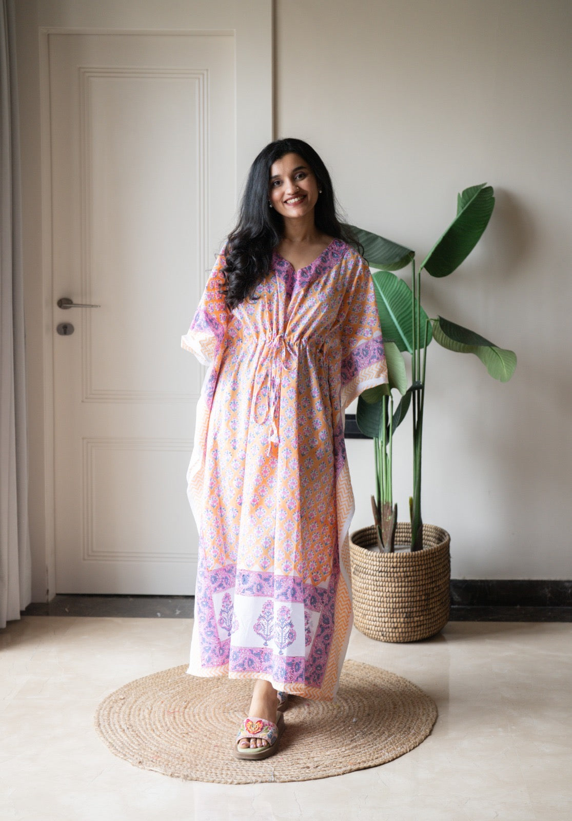 Kashi Block Print Kaftan- Peach Booti