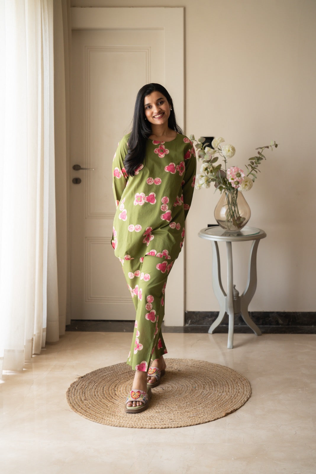 Rika Cotton Lounge Set- Green Florals