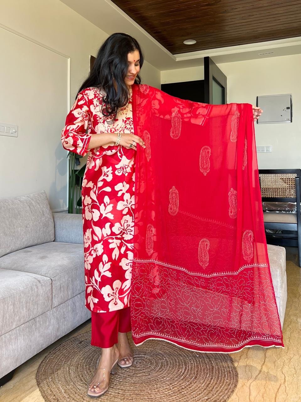 Basera Red Floral Muslin Suit