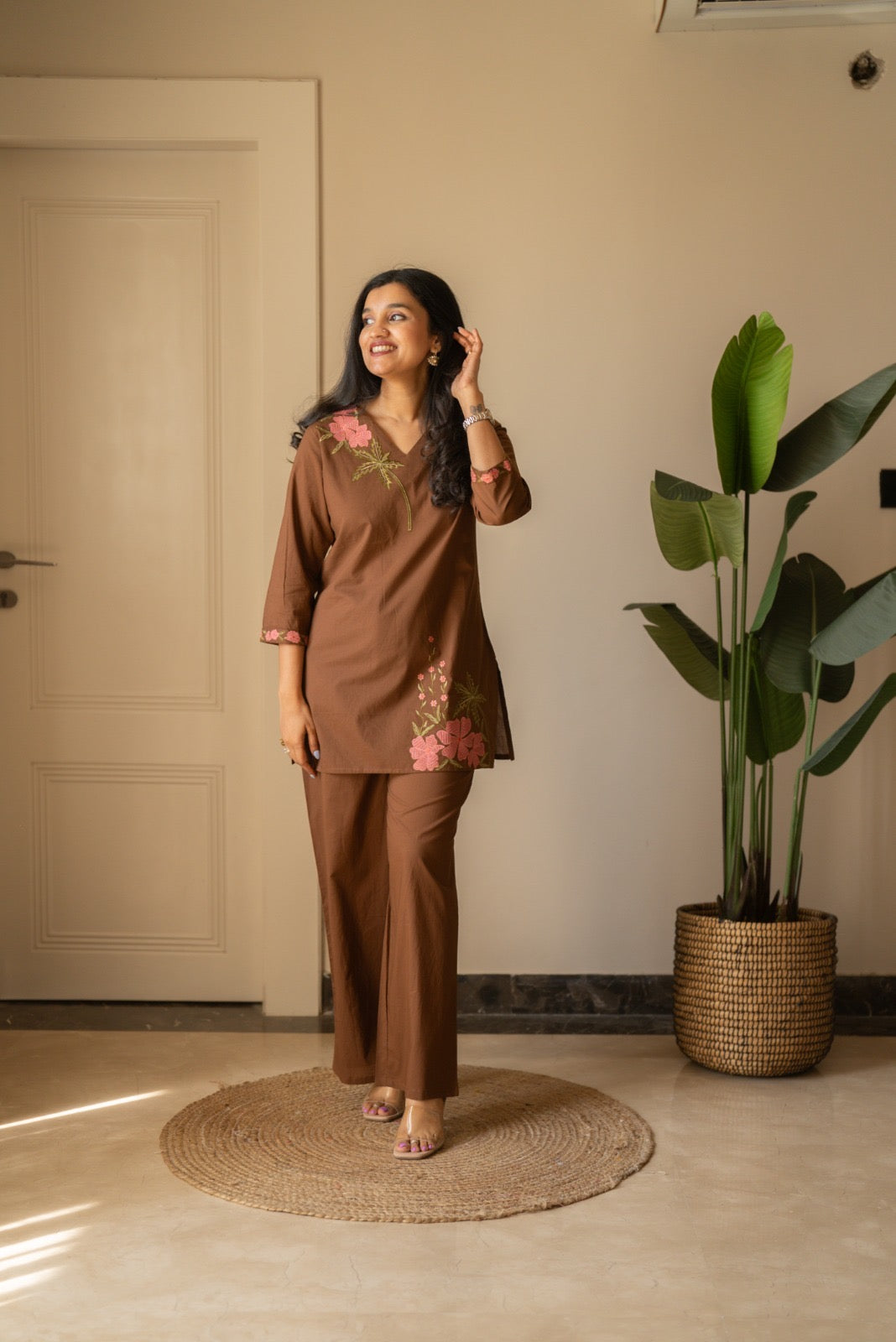 Ginni Embroidered Cotton Coord Set- Brown