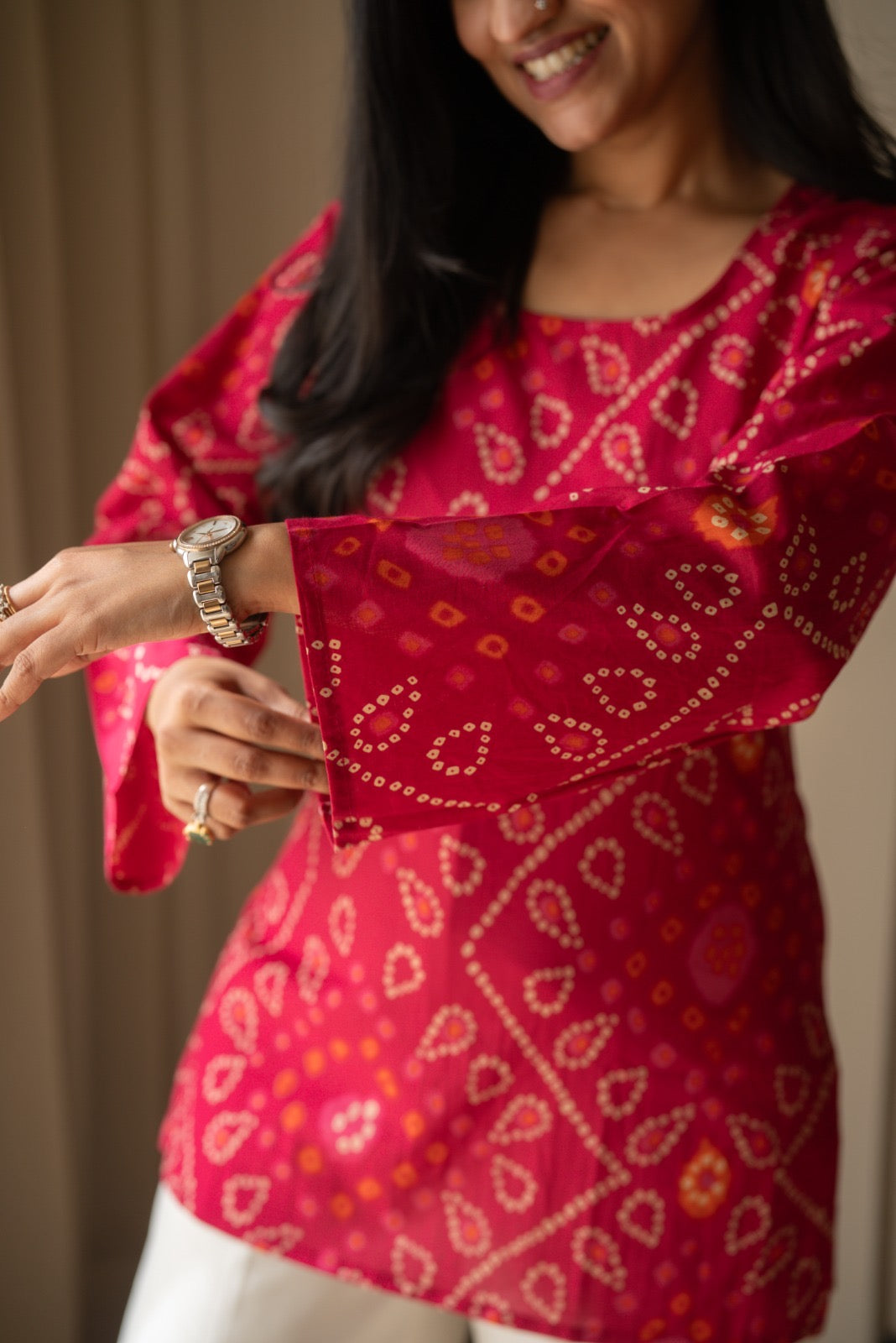 Griya Cotton Short Kurti- Pink Bandhej