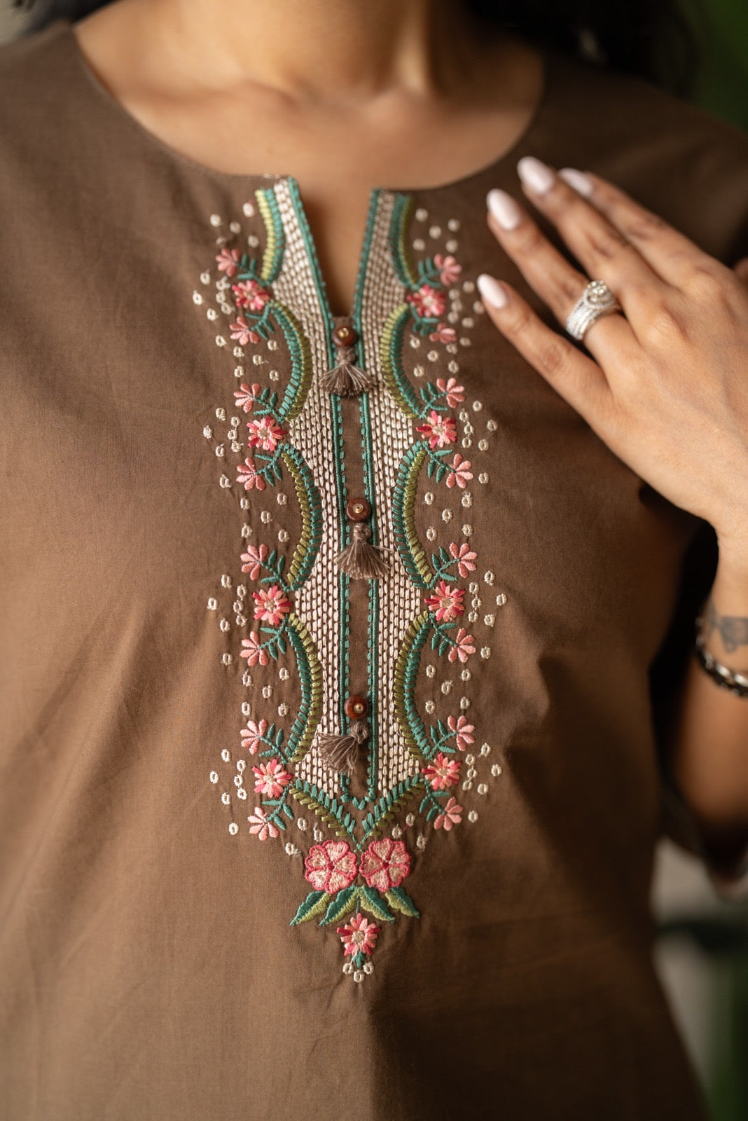 Roma Embroidered Cotton Top- Brown