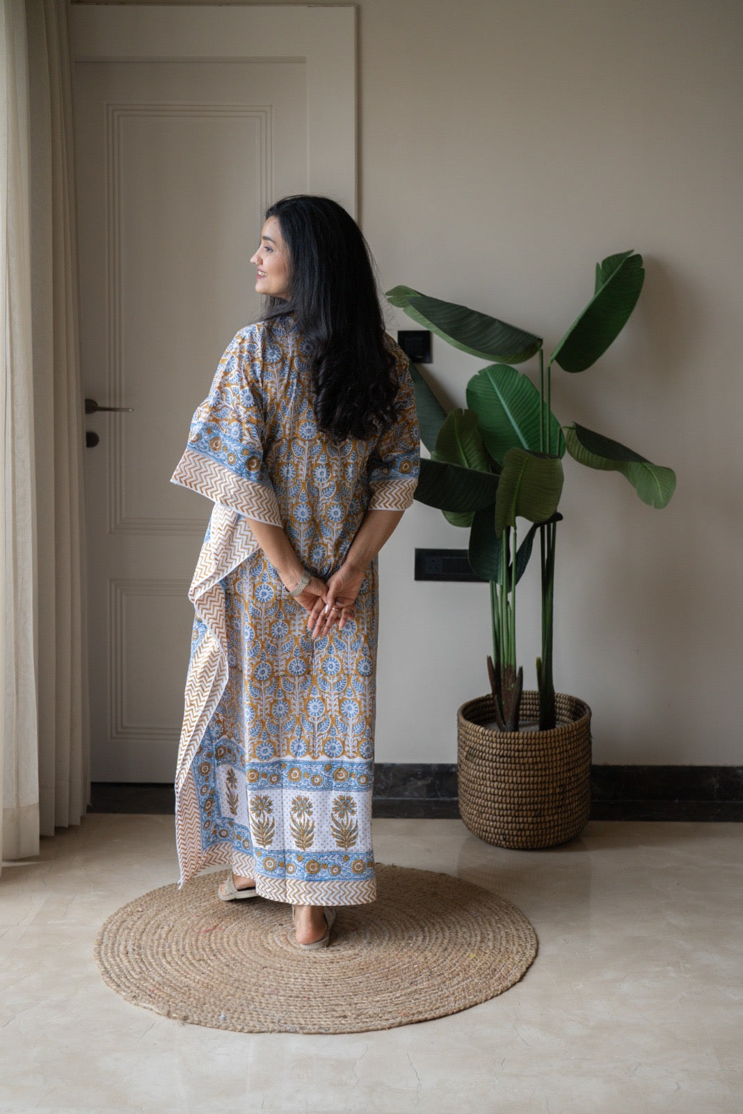 Kashi Block Print Kaftan- Brown Blue Booti