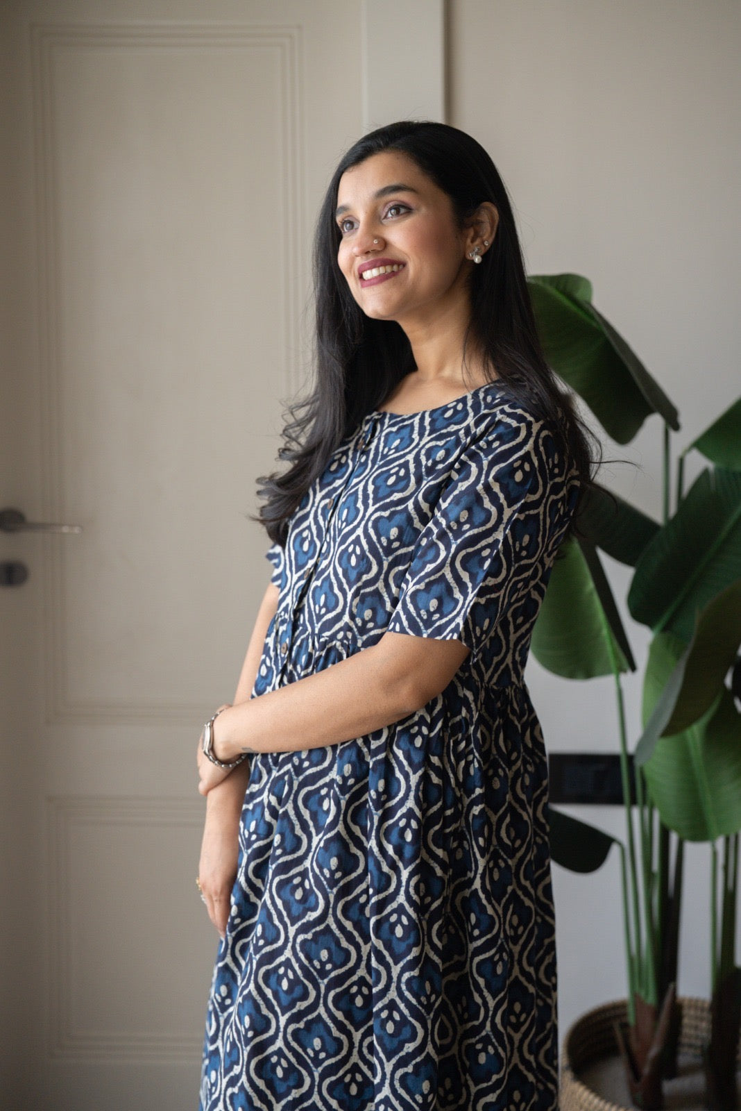 Drishy Maternity Cotton Dress- Indigo