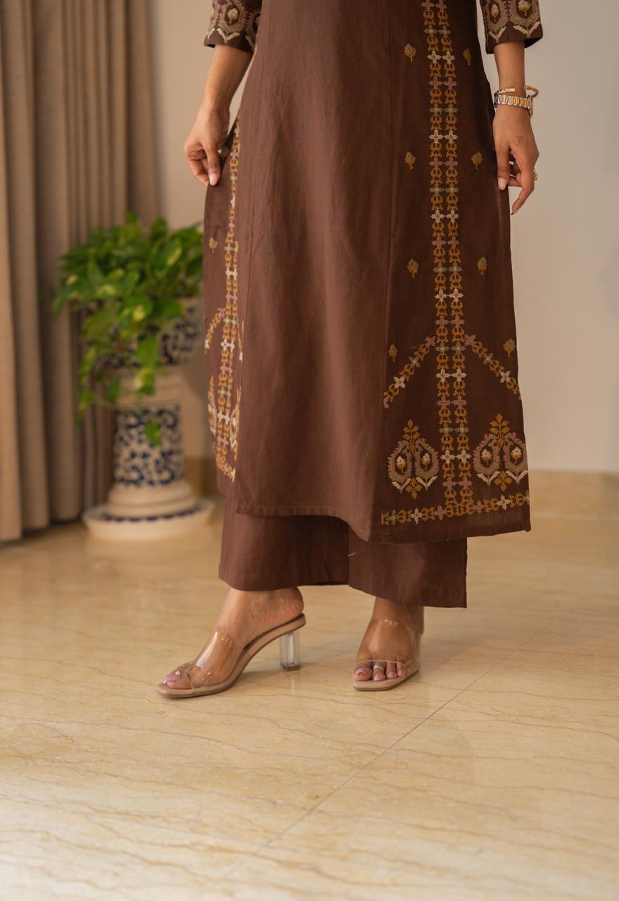 Tamana Embroidered A-line Suit- Brown