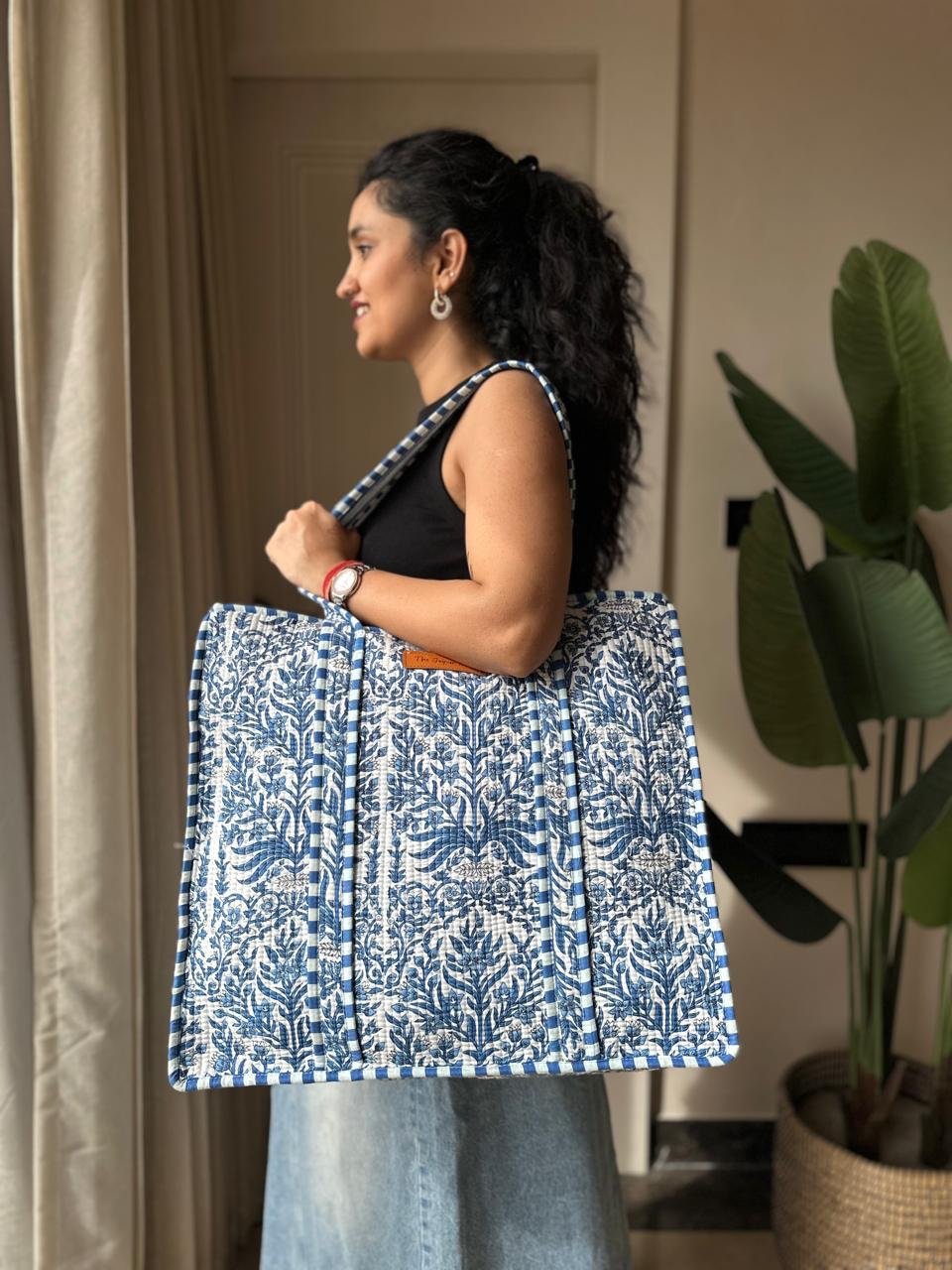 Quilted Tote Bag- Indigo Jaal