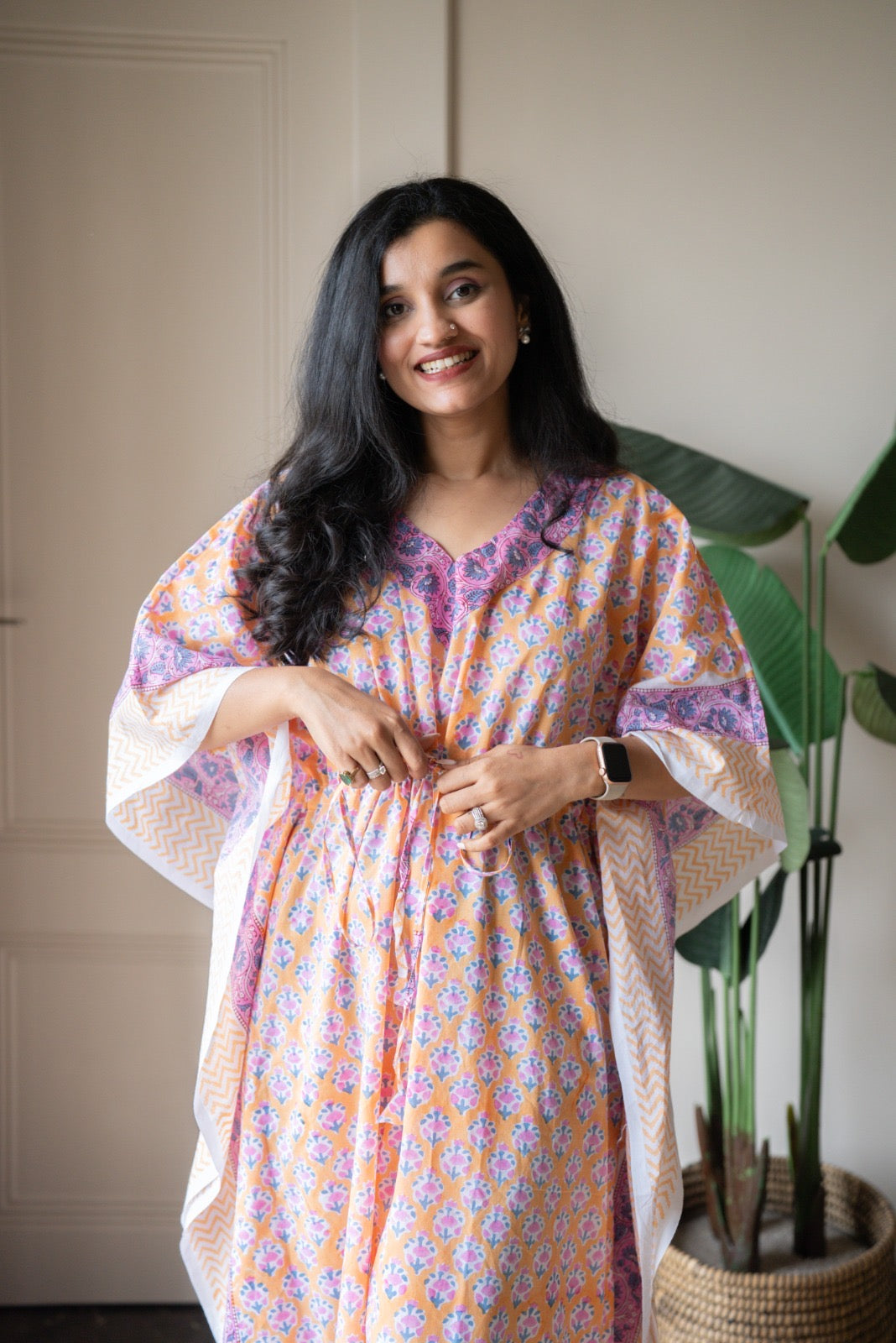 Kashi Block Print Kaftan- Peach Booti