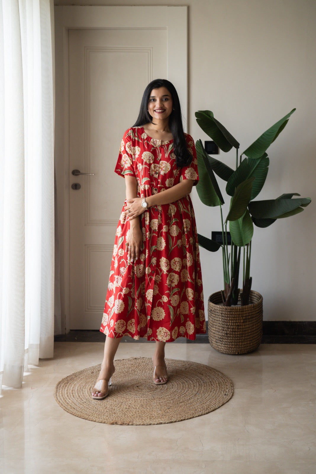 Drishy Maternity Cotton Dress- Red Florals
