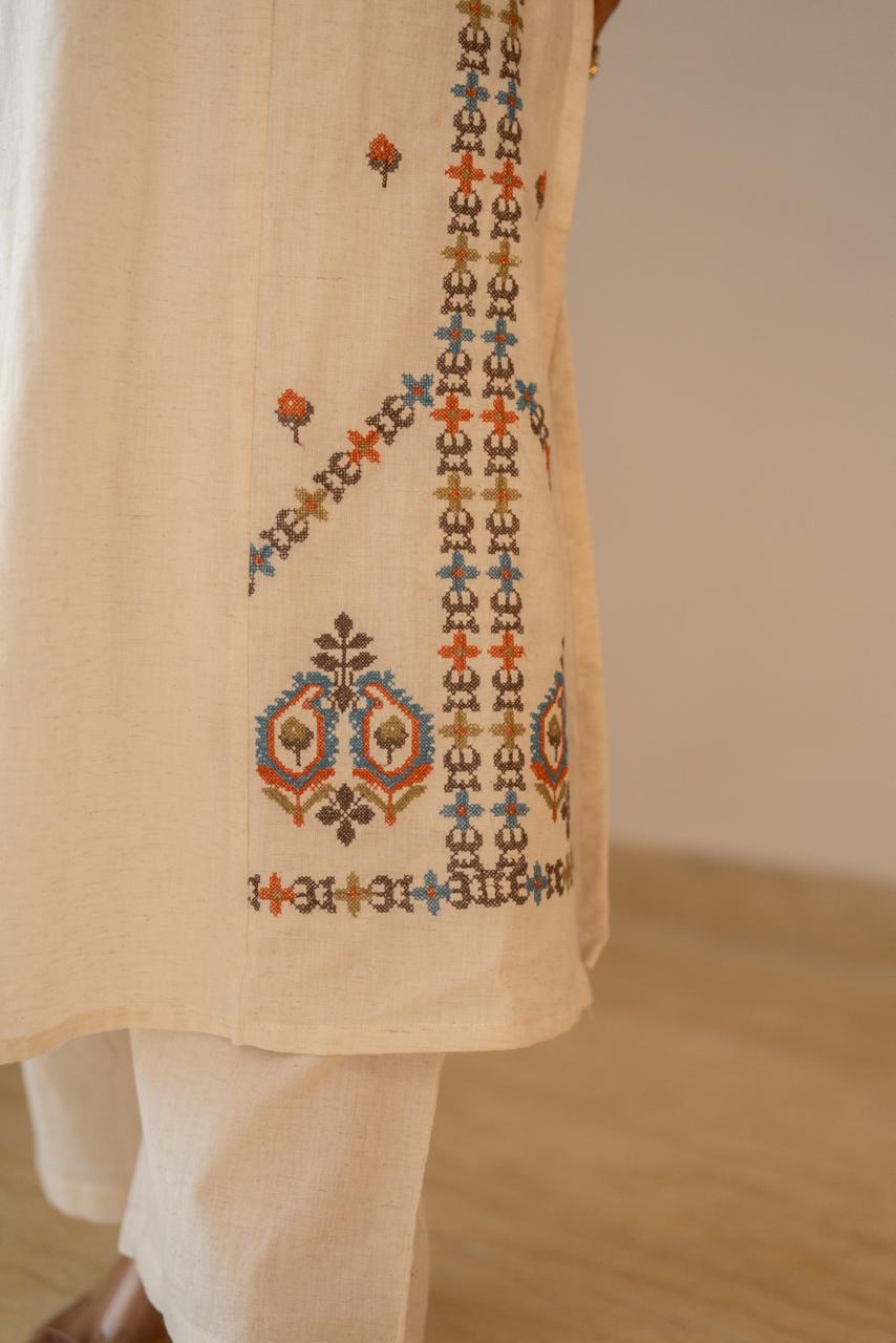 Tamana Embroidered A-line Suit- Off White