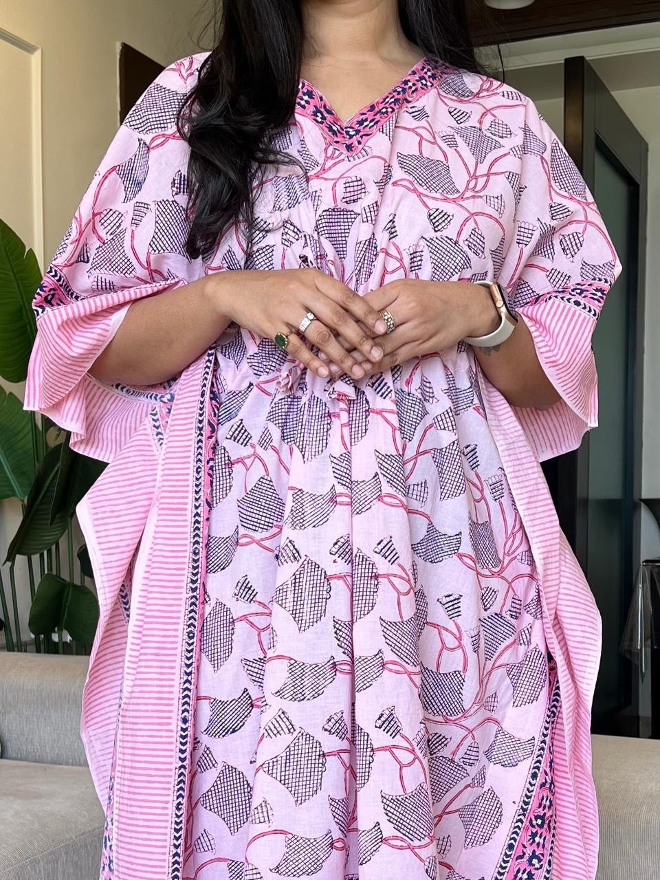 Kusha Block Print Kaftan- Pink Jaal