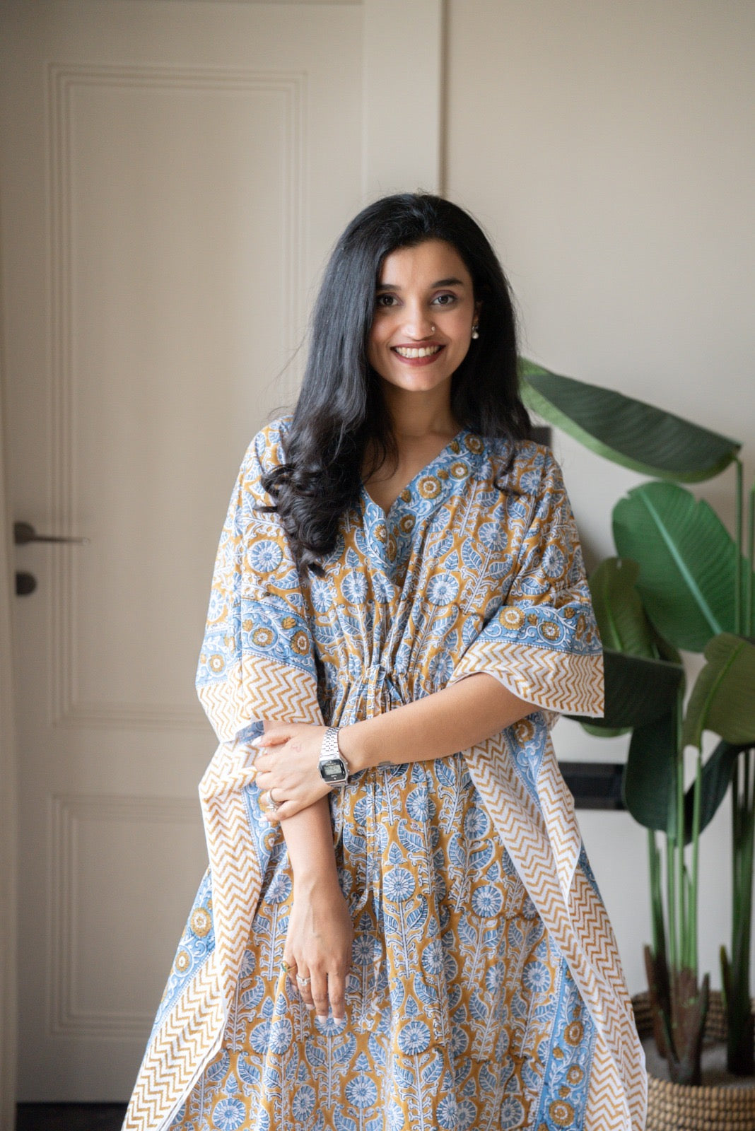 Kashi Block Print Kaftan- Brown Blue Booti
