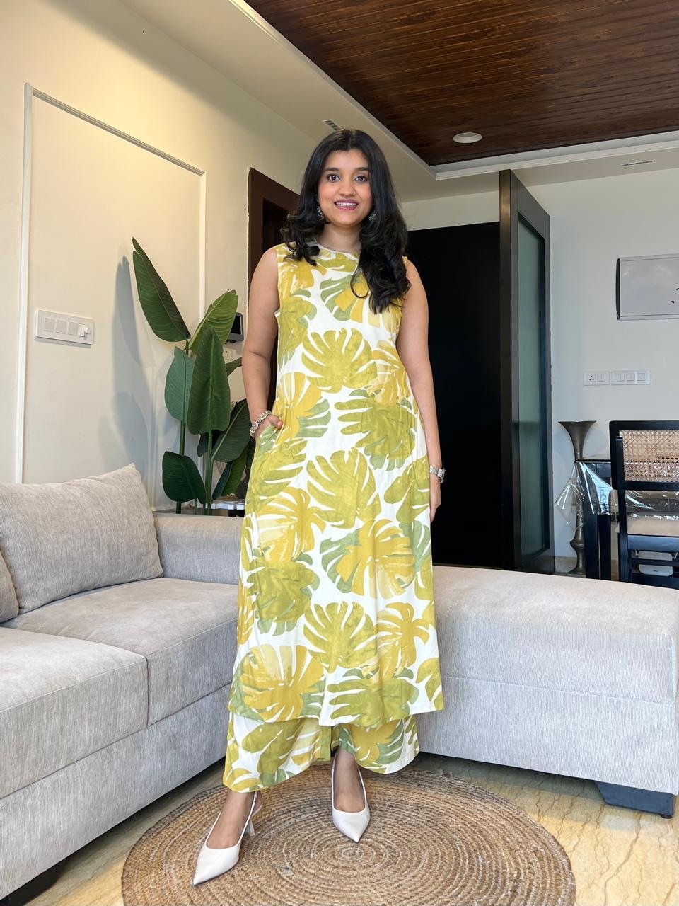 Jasmine Closed Neck Coord Set- Lime Green Tropicals