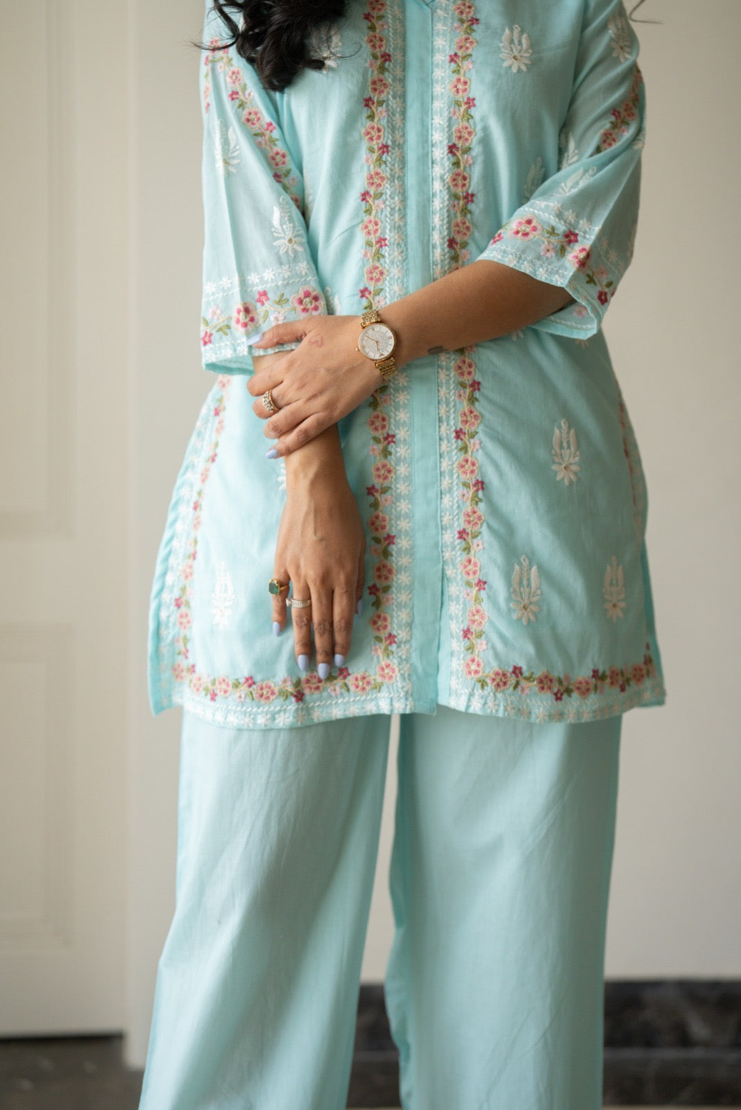 Preet Mulmul Luxe Coord Set- Sky Blue