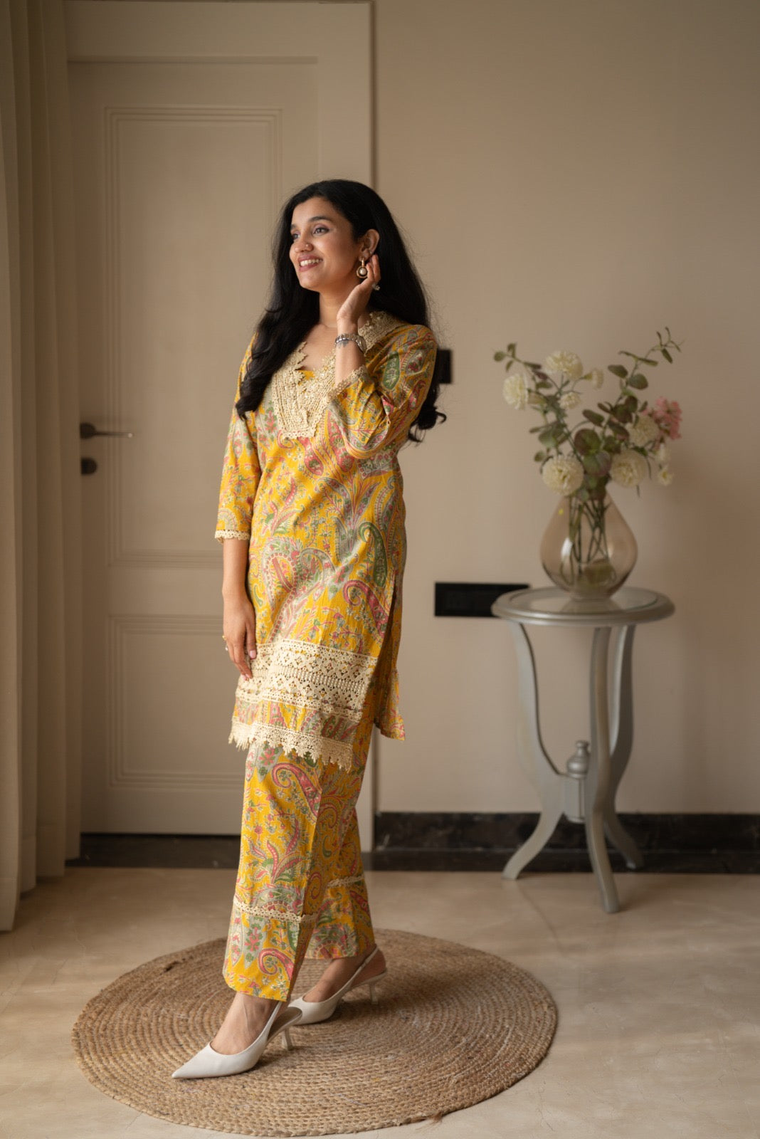 Nitara Farshi Lace Coord Set- Mustard