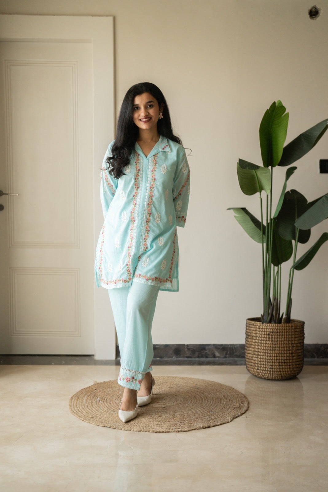 Preet Mulmul Luxe Coord Set- Sky Blue