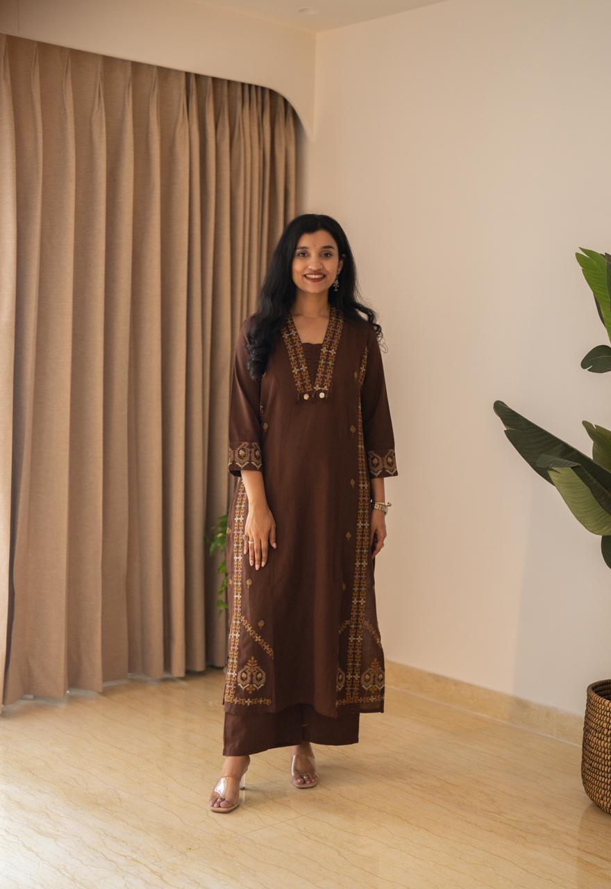 Tamana Embroidered A-line Suit- Brown