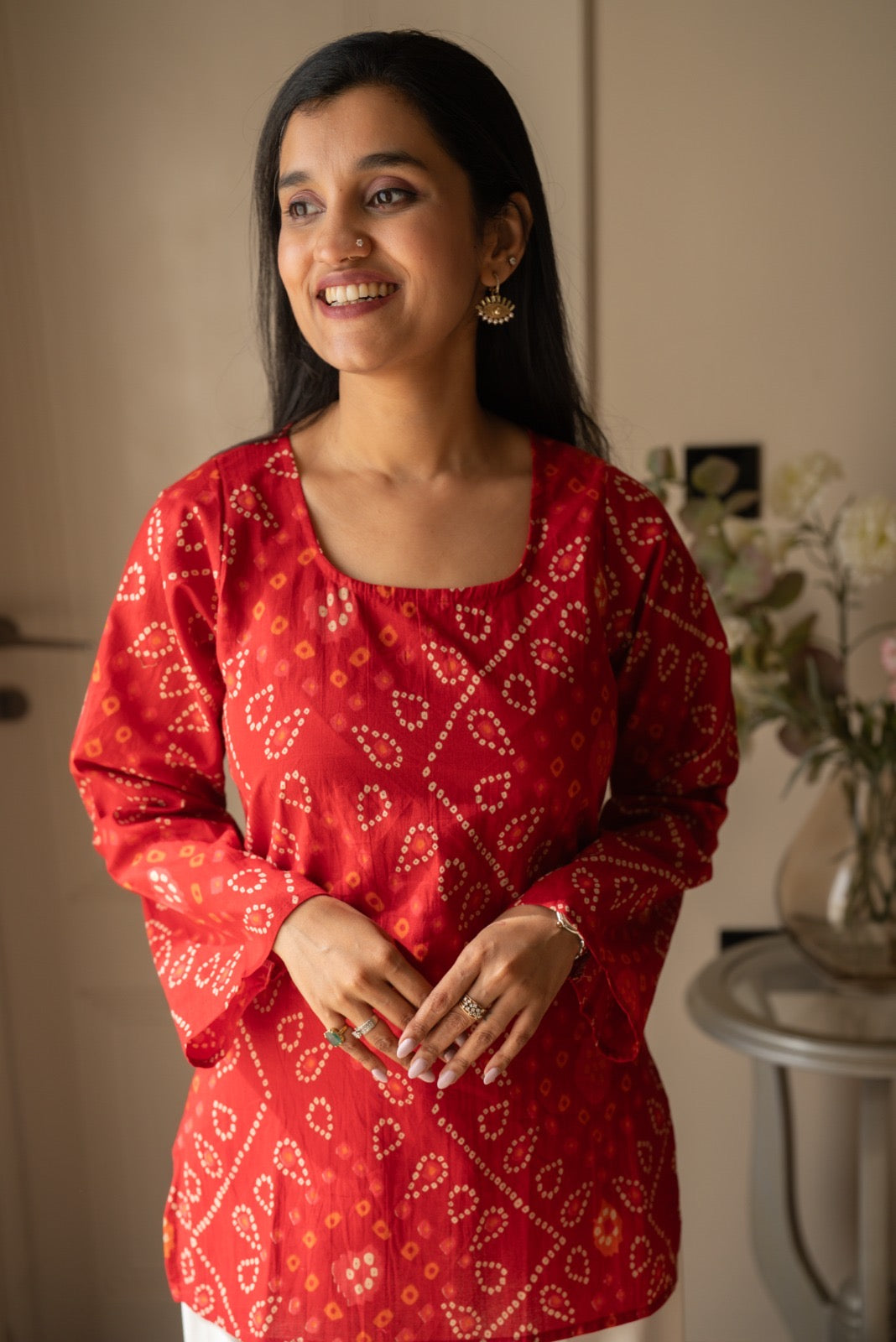 Griya Cotton Short Kurti- Red Bandhej