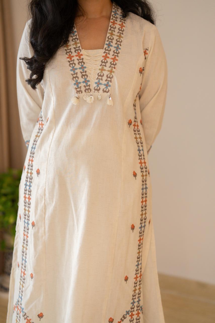 Tamana Embroidered A-line Suit- Off White